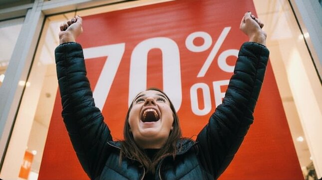 Excited Woman Celebrating Big Discount Sale