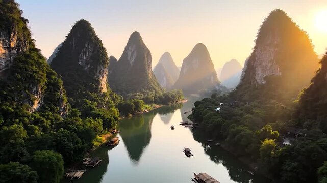 Sunrise over a serene river valley with dramatic karst mountains.
