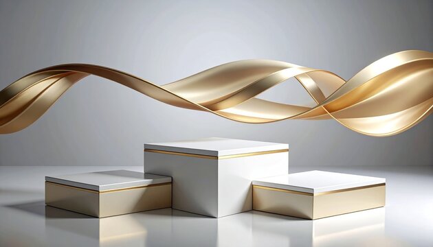 Four white rectangular boxes with gold trim beneath flowing metallic ribbon, symbolizing elegance, luxury, and motion in minimalist geometric composition with reflective highlights.