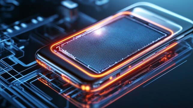 Digital Mobile Chipset Macro Illuminated Circuits, Neon Glow, Futuristic Tech. ,Technology, Circuitry