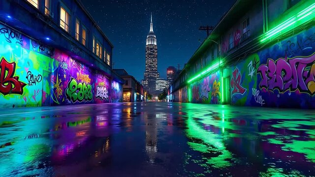 Graffiti alley at night with empire state