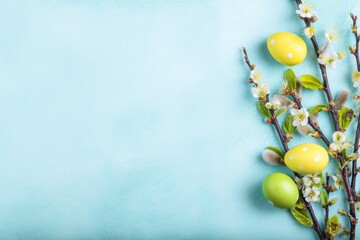 A vibrant tree branch adorned with delicate flowers and speckled eggs, celebrating nature s beauty and the arrival of spring s joyous awakening.