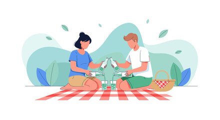 Obraz premium Couple Enjoying A Refreshing Picnic Together Outdoors In A Serene Natural Setting