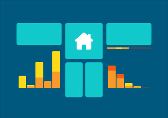 Fototapeta premium Modern smart home dashboard UI displaying solar and grid feedback. Clean, teal design with data visualization. Ideal for tech, energy, and home automation concepts.