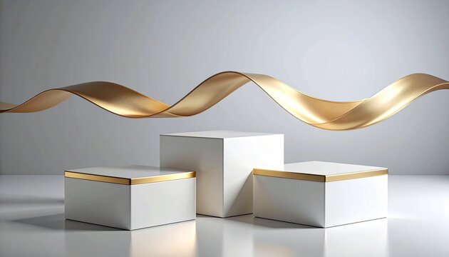 Four white rectangular boxes with gold trim beneath flowing metallic ribbon, symbolizing elegance, luxury, and motion in minimalist geometric composition with reflective highlights.