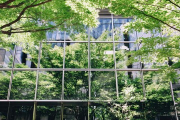 Gleaming glass towers reflect vibrant greenery, creating a stunning harmony between modern architecture and nature s tranquility.
