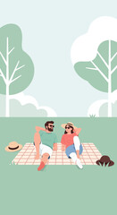 Naklejka premium Couple Enjoying Relaxing Summer Picnic Outdoors On Blanket Peaceful Atmosphere