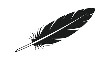 A simple black and white illustration depicting a single feather angled diagonally across a plain white background © AL-AMIN