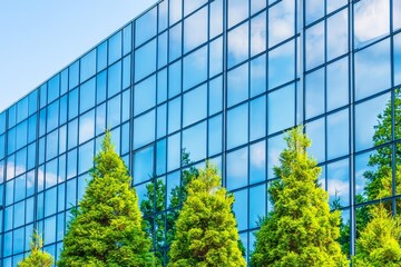 Sunlight dances through countless windows, casting playful shadows on the vibrant foliage surrounding the modern building, blending nature and architecture harmoniously.