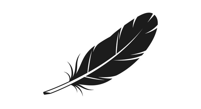 A striking black silhouette depicts a single feather gently curving downwards against a plain white background high quality