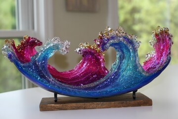 A mesmerizing glass sculpture captures the essence of a vibrant wave, showcasing a stunning interplay of colors and fluid motion.