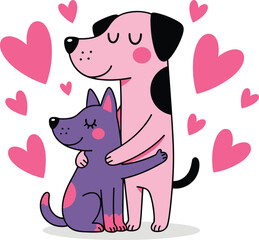 Obraz premium A heartwarming embrace between a loyal dog and affectionate cat surrounded by love hearts. isolated on transparent background, Vector