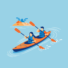 Couple Kayaking Adventure Across Calm Blue Waters Amidst Scenic Island