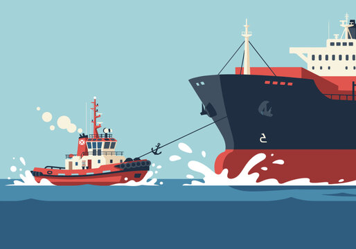 A tugboat assists a bulk ship, creating a dynamic maritime scene. Bold colors and clear composition make this image ideal for commercial use.