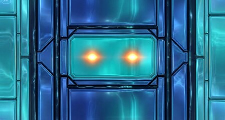 Obraz premium Sci-fi panel with glowing blue and teal lights resembles robotic eyes.