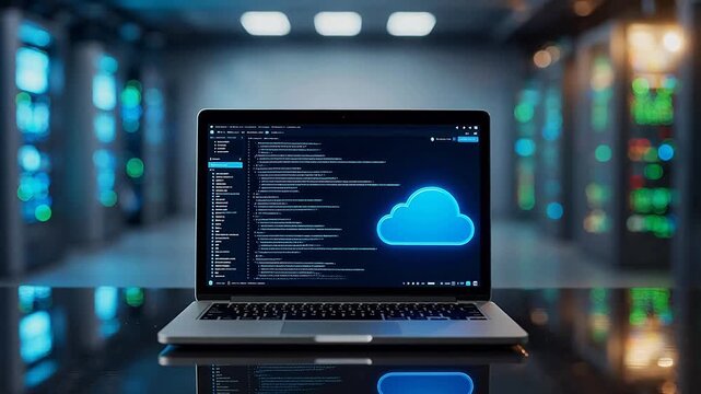 Laptop with cloud coding in server room