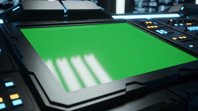 Futuristic control panel with green screen and glowing buttons