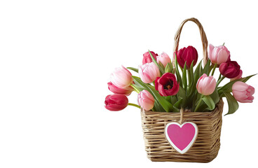 a basket of tulips with heart-shaped tags, placed on an old wooden table against the backdrop of a gray wall. the flowers have pink and red hues, creating a vibrant contrast to the soft background. a 