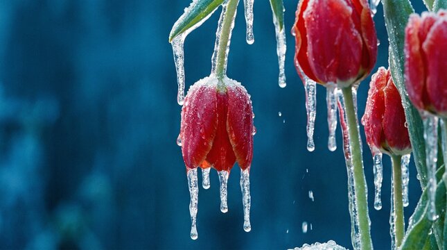 frozen tulips in ice. thee tuli[p is upsidedown with an iciccle hanging from it. blue background