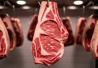 Raw meat hanging in a butcher shop with multiple cuts on display