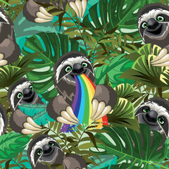 Naklejka premium Sloth Cute Character and Rainbow in Rainforest Vector Seamless Pattern 