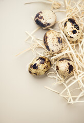 Fototapeta premium Quail eggs, breakfast, fresh quail eggs and straw on beige background. Easter border design, flat lay, top view. Healthy diet food concept. Vertical image 