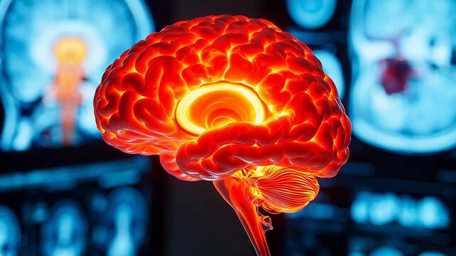 Human brain model with glowing areas