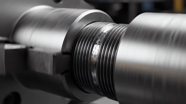 Close-up of industrial metal threading machine in operation with precise metal rod cutting and metalworking machinery in a factory setting