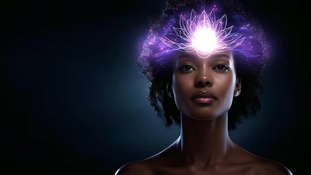 Faceless beautiful spiritual woman with purple light lotus flower on forehead, connecting with seventh chakra crown chakra to universe, purple stream of consciousness, divine