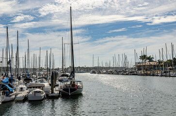 Sailboats Docked at Marina del Rey Harbor in Los Angeles California Under Blue Sky with Dramatic Clouds