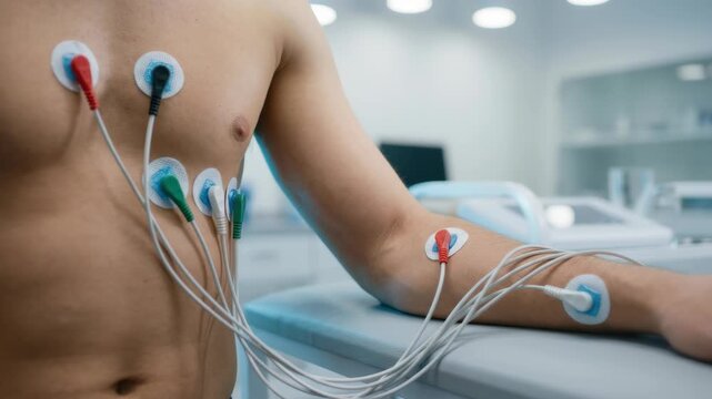 Close up of a male patient in a medical clinic with ECG electrodes attached to his chest and arm for a heart rate monitor test, cardiology diagnostic, and health checkup.