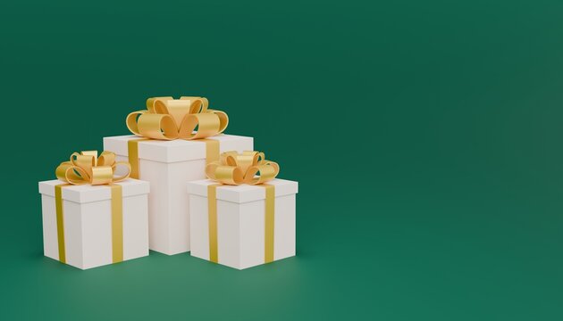 Stack of elegant white gift boxes wrapped with golden ribbon and bows on green background 