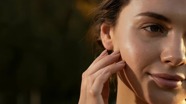 Close up portrait of a beautiful young woman with glowing healthy skin touching her face during golden hour sunset light for beauty, skincare, and wellness concepts.