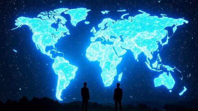 Two people under glowing world map
