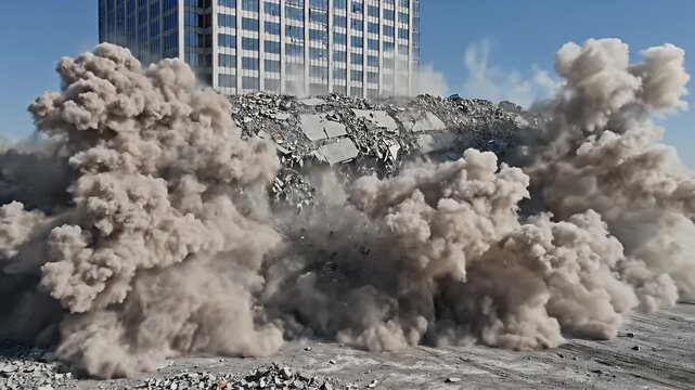 Tower collapses amid dust cloud, debris scatters as building implodes dynamically