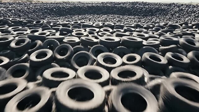 Vast outdoor expanse filled with a massive pile of used tires under a pale sky