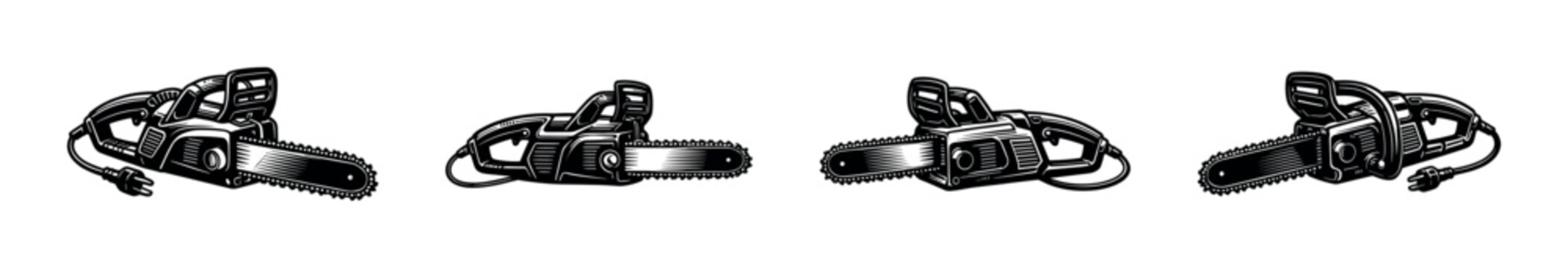 Chainsaw symbols collection: flat vector icons set for tools and equipment graphics