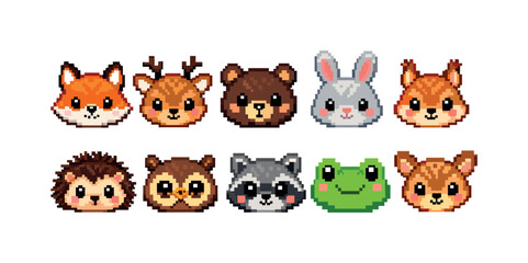 Pixel animal icon set. Cute wildlife, forest creatures pixel art outline collection