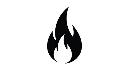 A stark black silhouette of a flame against a plain white background representing fire and energy high quality