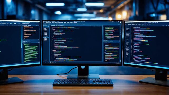 Three computer monitors displaying code