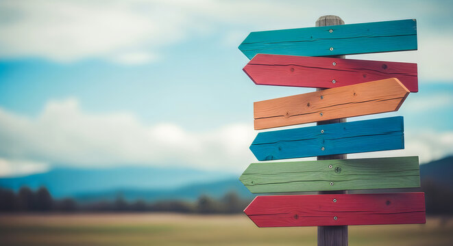 Colorful wooden signpost with multiple direction arrows