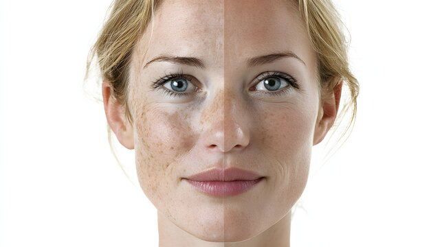 Before and after comparison of woman face showing skin pigmentation, freckles and improved complexion results