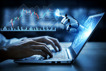A depiction of a robotic hand interacting with a laptop screen, showcasing artificial intelligence...
