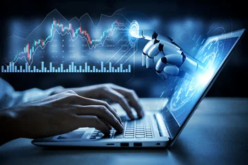 Fotobehang Natuur Park A depiction of a robotic hand interacting with a laptop screen, showcasing artificial intelligence and data analysis in finance, emphasizing technology and innovation. Scalp  © InfiniteFlow