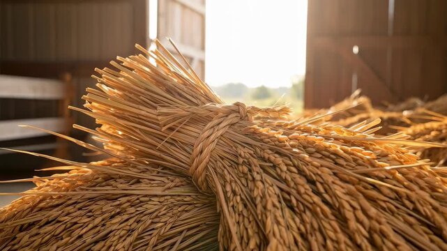 Close up of tied bundles of golden rice stalks inside a rustic wooden barn with warm sunset light streaming through the door for agriculture and harvest season concepts.
