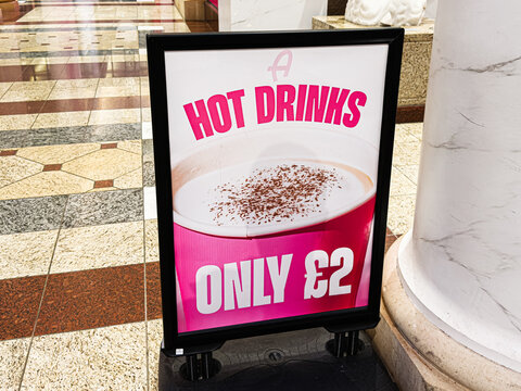 Hot drinks Archie's sign at The Trafford Centre in Manchester promoting only &pound;2