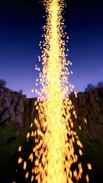 Spectacular Firefall Effect Cascading Down a Rocky Canyon at Dusk.