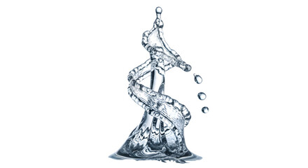 Dynamic water splash sculpture frozen in motion with droplets falling against transparent background