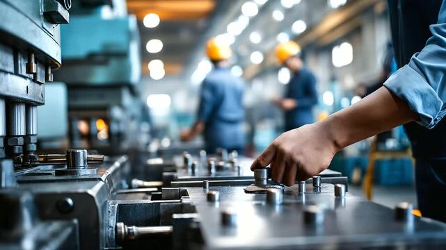 Close-up of faceless worker adjusting levers while colleagues watch material roll through industrial press, machinery details sharp in factory lighting, with copy space