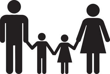 Black silhouette family of four holding hands on white background also transparent background people